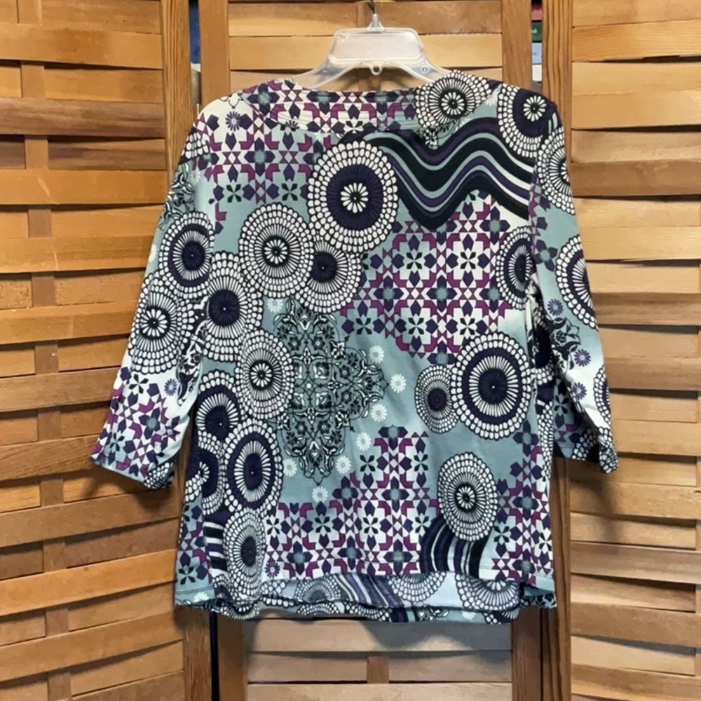 Just My Size Gray White Purple Black Magenta Graphic 3/4 Sleeve Blouse Women 1X - Picture 2 of 6
